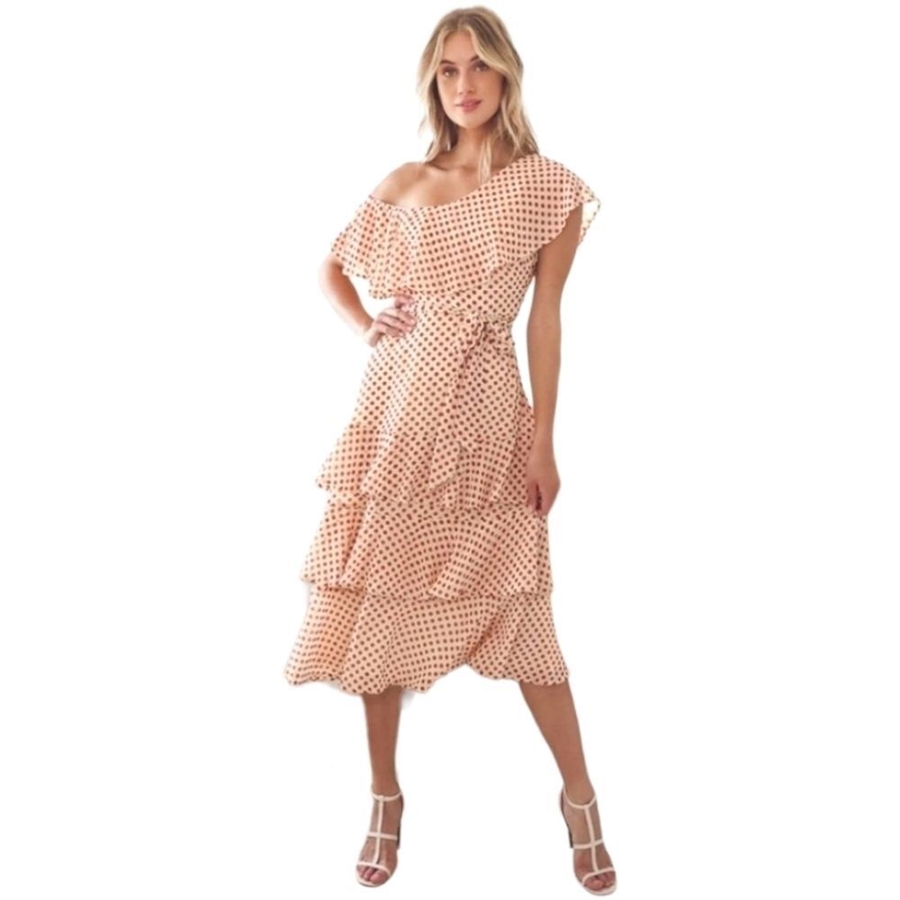 NWT Lulus Doting Dots Cream Polka Dot Tiered One Shoulder Ruffle Midi Dress XS